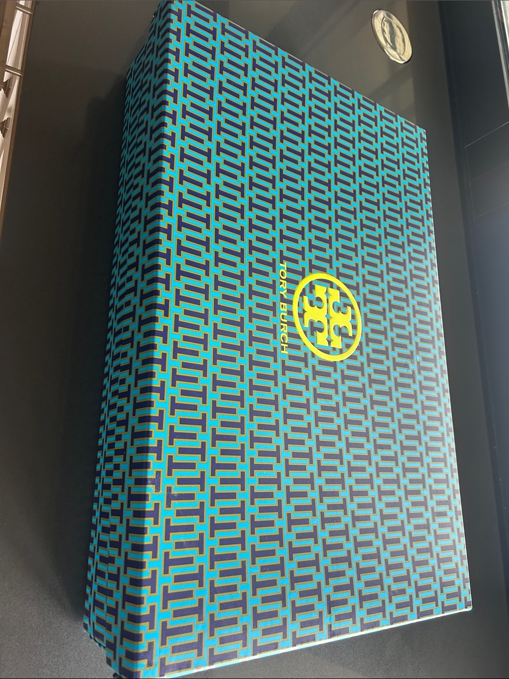 Tory Burch Teal and Navy Patterned Storage Box with Yellow Logo
